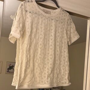 LOFT Cream Geometric Lace Tee